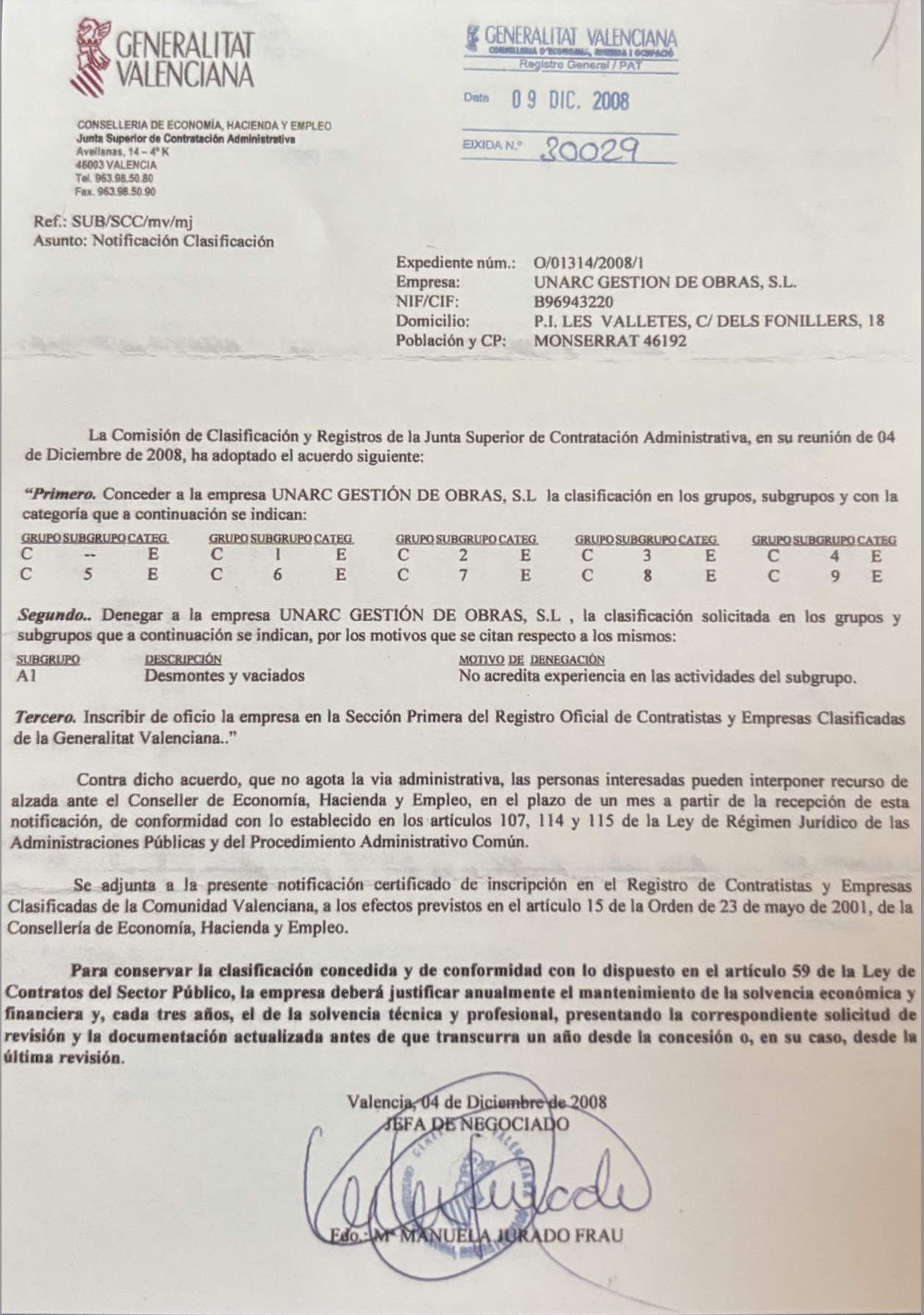 Certificado de clasificación oficial — UNARC Gestión de Obras S.L.